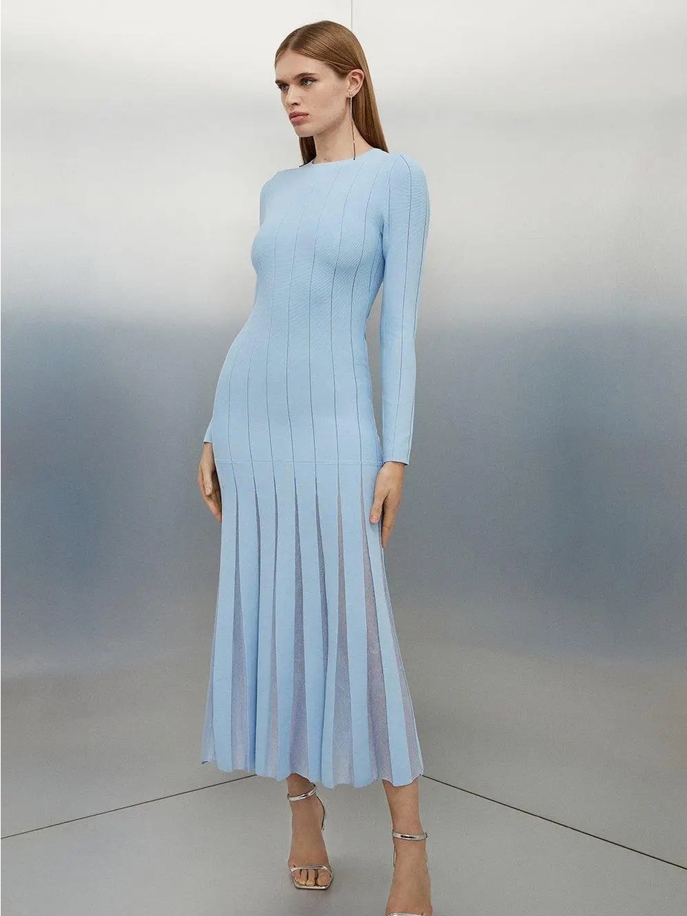 KARENMILLEN VISCOSE BLEND FILAMENT FULL SKIRT KNIT MIDI DRESS IN PALE BLUE - Picture 3 of 6
